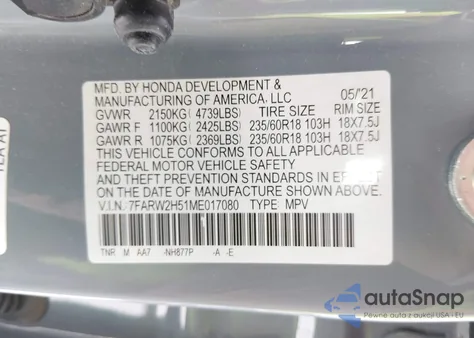 2021 Honda Cr-V Awd Ex z USA, uszkodzony, nr VIN 7FARW2H51ME017080